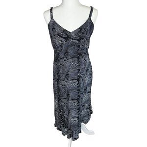 NOMADIC TRADERS Women’s Black/White Leaf Print Dress Size M Baby Doll Ruffle Hem